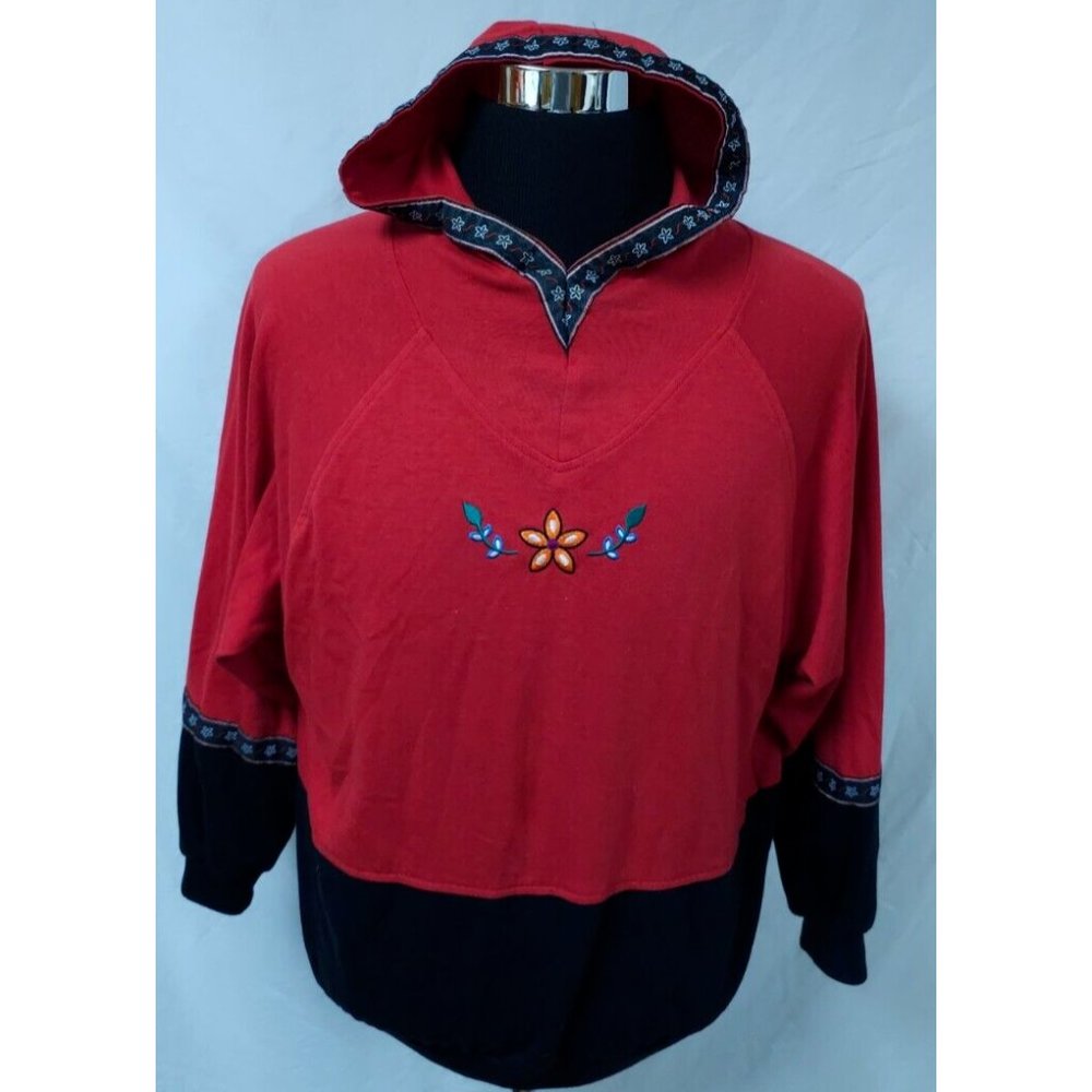 Vtg 62 East Womens Medium Red Black Embroidered Floral  Pullover Hoodie
